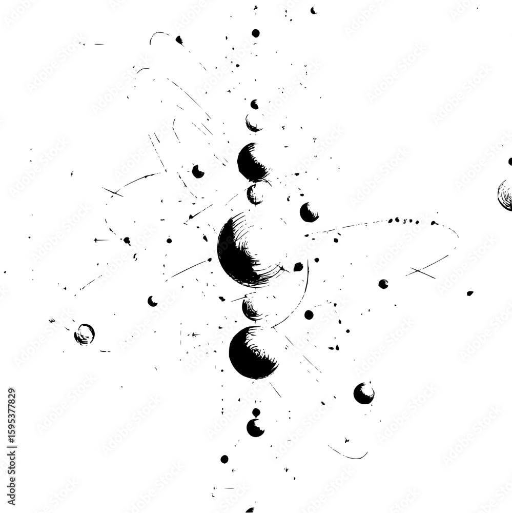 Aufkleber abstract representation of spheres and orbits in black and white artistic style with splatters and l