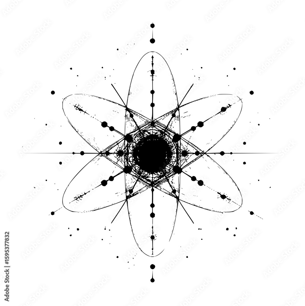 Poster abstract black and white atomic structure with elliptical orbits and connecting lines and small dots