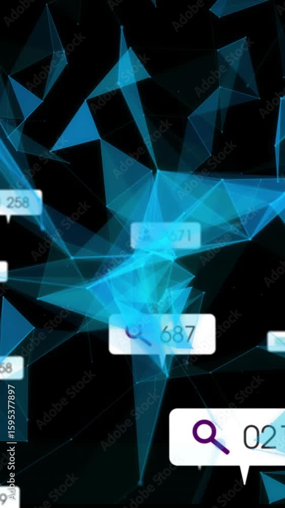 Poster animation of floating search and user icons over blue geometric shapes on black background