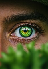 Fototapeta premium Close-up of a Green Eye Peeking Through Greenery