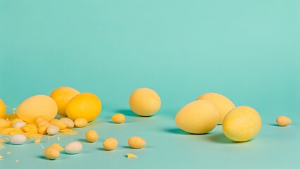 Pastel Yellow Easter Eggs Minimalist Composition:  Aqua Background, Broken Eggshell Detail.