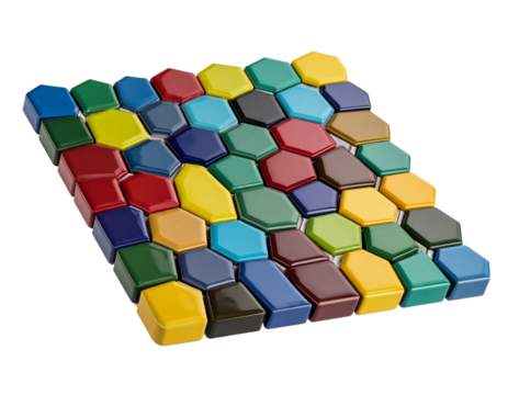 Angled Close-Up of Colorful Geometric Wall Tile with Glossy Finish, PNG
