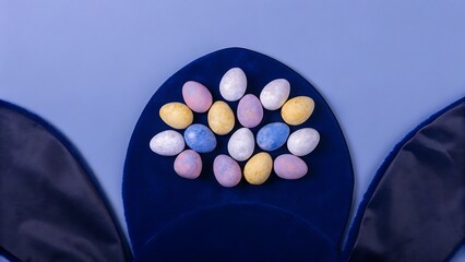 Pastel Easter Eggs on Blue Velvet Bunny Ears; Minimalist Spring Holiday Flatlay
