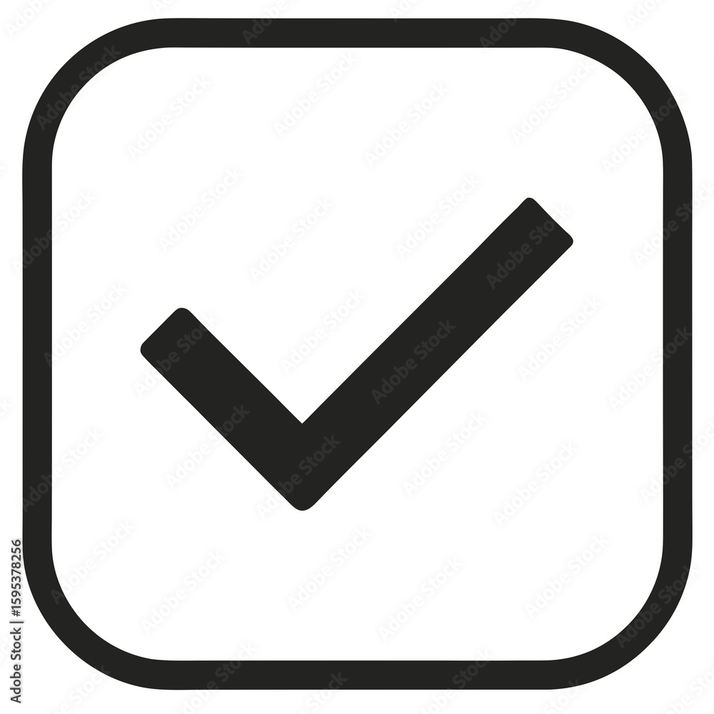 Poster a simple black check mark symbol inside a rounded square outline on a white background