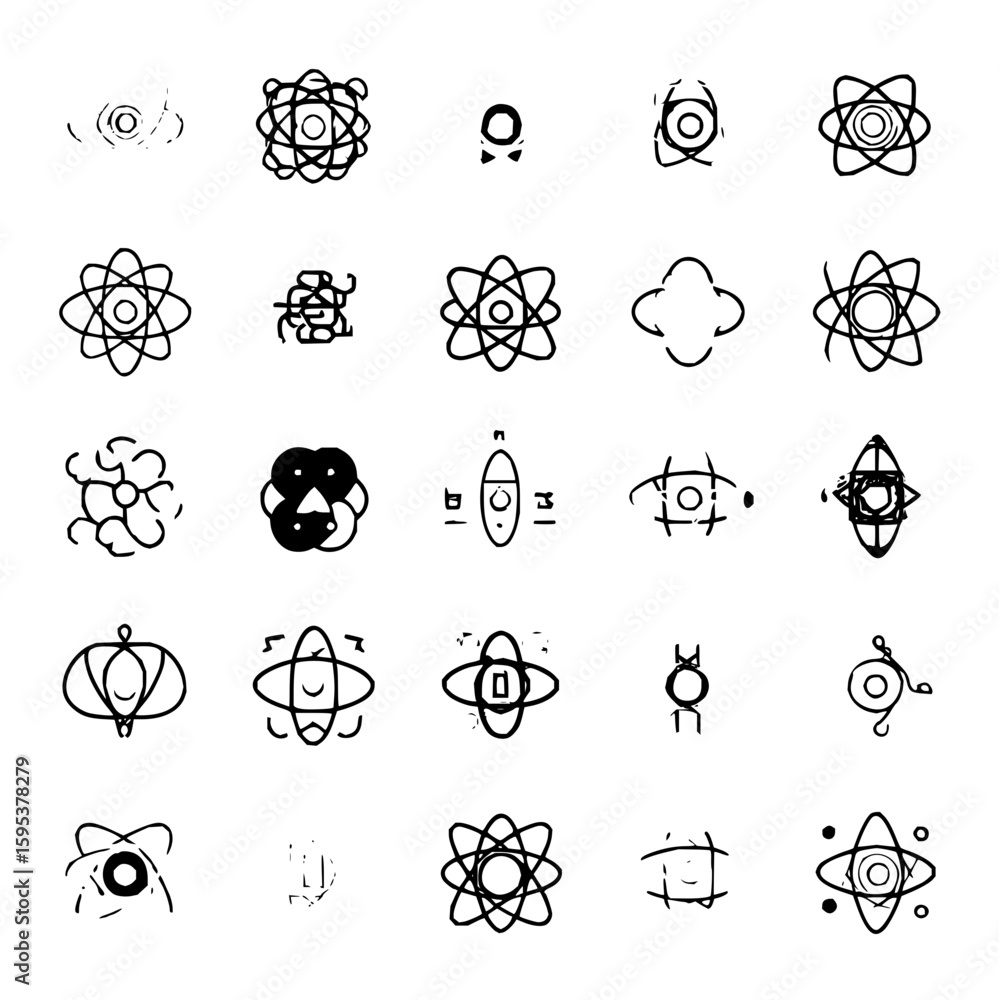 Poster collection of various abstract science and atom symbols in a grid pattern on a white background