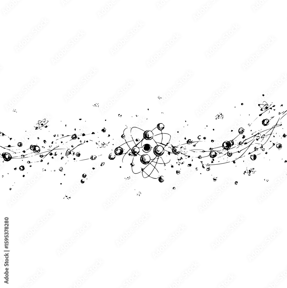 Poster an abstract illustration of atom structures with orbits and scattered particles on white background