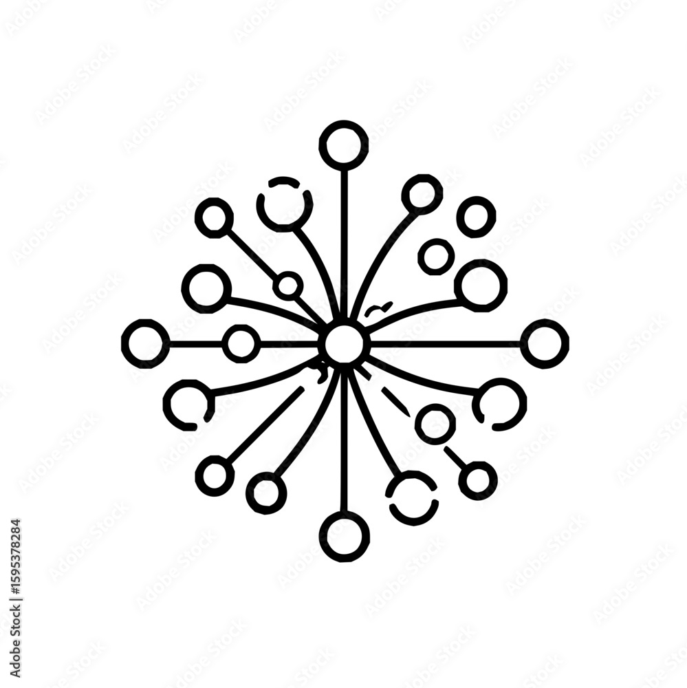 Poster illustration of a dandelion like structure with circles connected by lines radiating outwards symmet