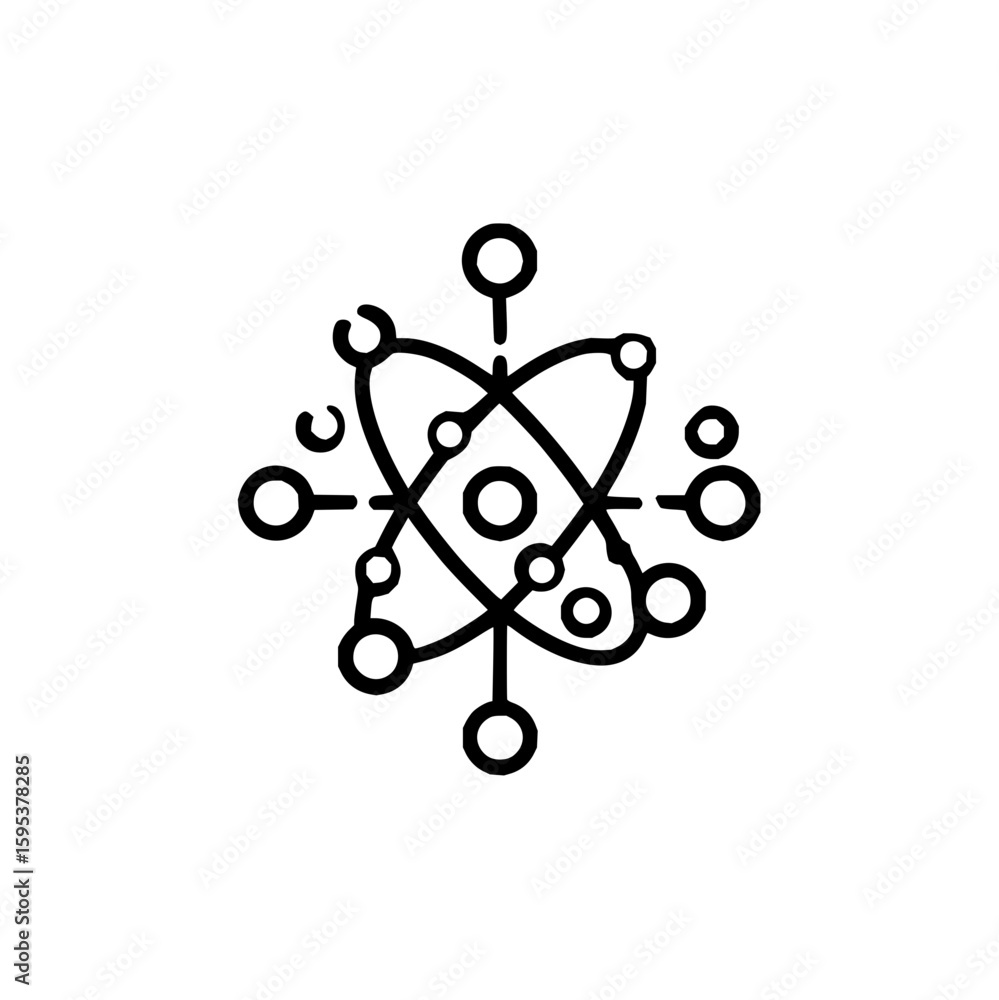 Poster stylized atom representation with orbiting particles and central nucleus in black outline design