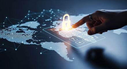 Global Data Security Concept: Hand Touching Digital Padlock on World Map Interface for Cyber Protection, Encryption, and Secure Online Transactions