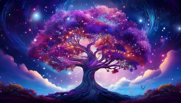 vibrant fantasy themed scene featuring stylized tree with purple leaves surrounded by lush colorful foliage starry night sky atmosphere is serene and magical evoking sense of wonder