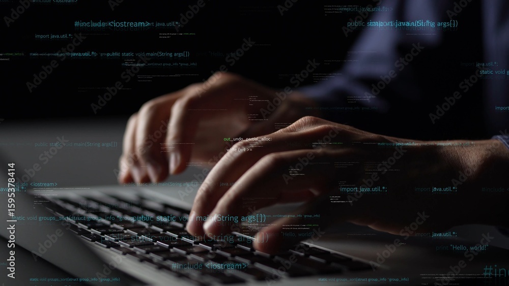 Poster a close-up of hands of a programmer typing on a laptop, with digital code hovering in the air, illus