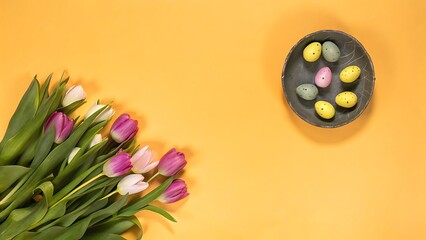 Pastel Easter Eggs and Spring Tulips on Yellow Background: Festive Flatlay