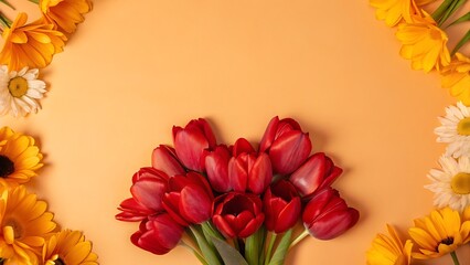 Vibrant Red Tulips and Sunny Yellow Gerbera Daisies on Peach Background; Spring Floral Arrangement