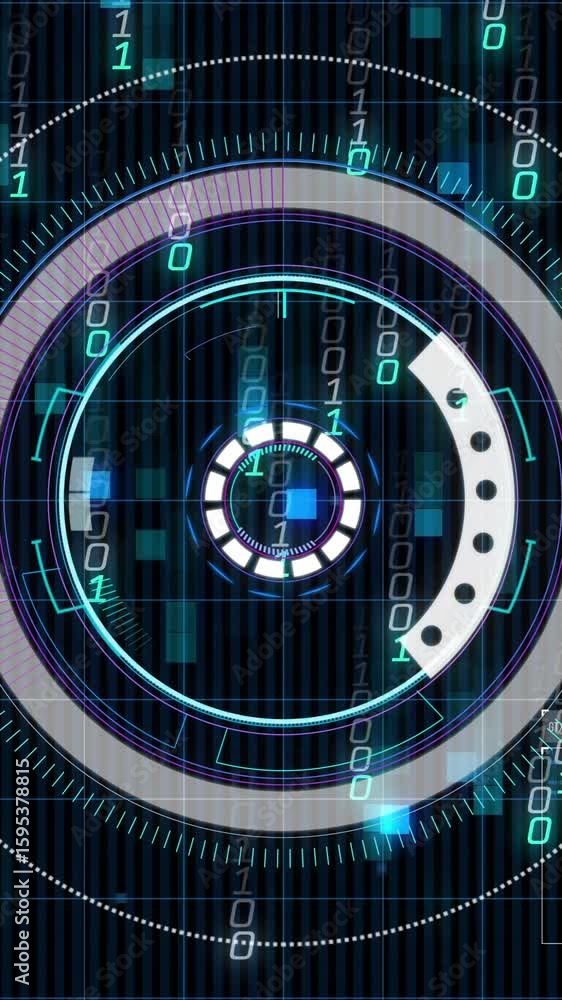 Poster animation of futuristic digital interface with binary code in school setting