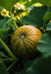 Green and Yellow Pumpkin Growing on Vine