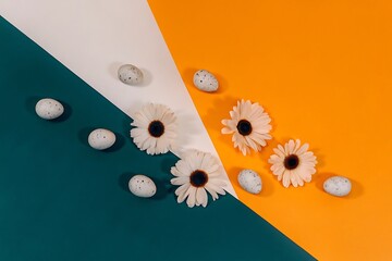 Spring Easter Flatlay: White Daisy Flowers and Speckled Eggs on Teal, White, and Orange Background