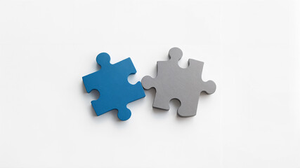 Blue and gray puzzle pieces suggesting connection collaboration and problem solving on white background