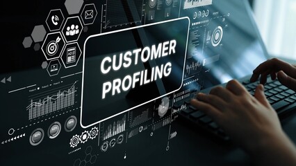 Hands Typing on Keyboard with Digital Customer Profiling Interface and Data Visualization Elements....