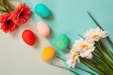 Pastel Easter Eggs and Flowers: Springtime Flatlay, Minimalist Design, Festive Mood