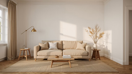Elegant and minimalist living room interior design with natural light and neutral tones