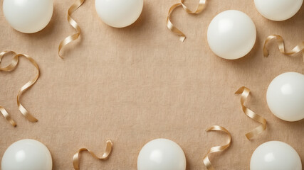 Elegant composition with white balloons and gold ribbons on a textured beige surface perfect for celebrations