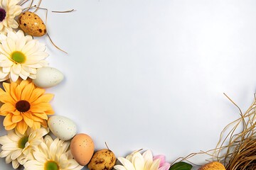Pastel Easter Eggs and Daisies Spring Border; Soft, Festive Background