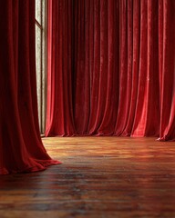 Crimson Curtains and Wooden Floor: A Stage Set Awaits