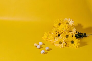 Vibrant Yellow Daisies and Speckled Easter Eggs on Sunny Yellow Background: Spring Floral Arrangement