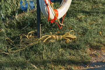 Lifebuoy and mooring rope beside the water in a serene natural setting during the late afternoon