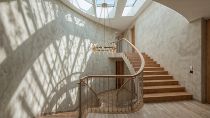 Luxurious interior staircase design with chandelier and natural light creating a modern residential ambience