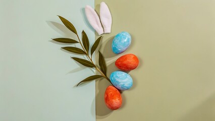 Pastel Easter Eggs, Bunny Ears, and Greenery: Flat Lay Spring Design