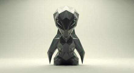 Dark Grey Polygonal Alien Wood Sculpture on Isolated Background