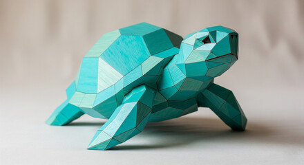 Bright Aqua Polygonal Turtle Wood Sculpture on Isolated Background