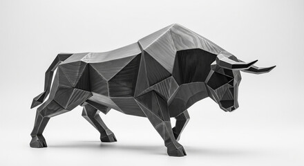 Dark Grey Polygonal Bull Wood Sculpture on Isolated Background
