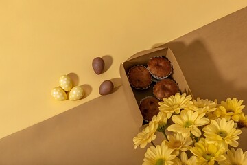 Easter Treats: Yellow Gerbera Daisies, Chocolate Eggs, and Mini Cakes in a Brown Box on Mustard and Tan Background