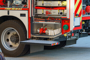 Fire truck equipment storage showcasing hoses and tools at a fire department location in the late...