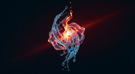 Creative Abstract Composition of Flames and Water Flow with Vivid Lighting and Motion