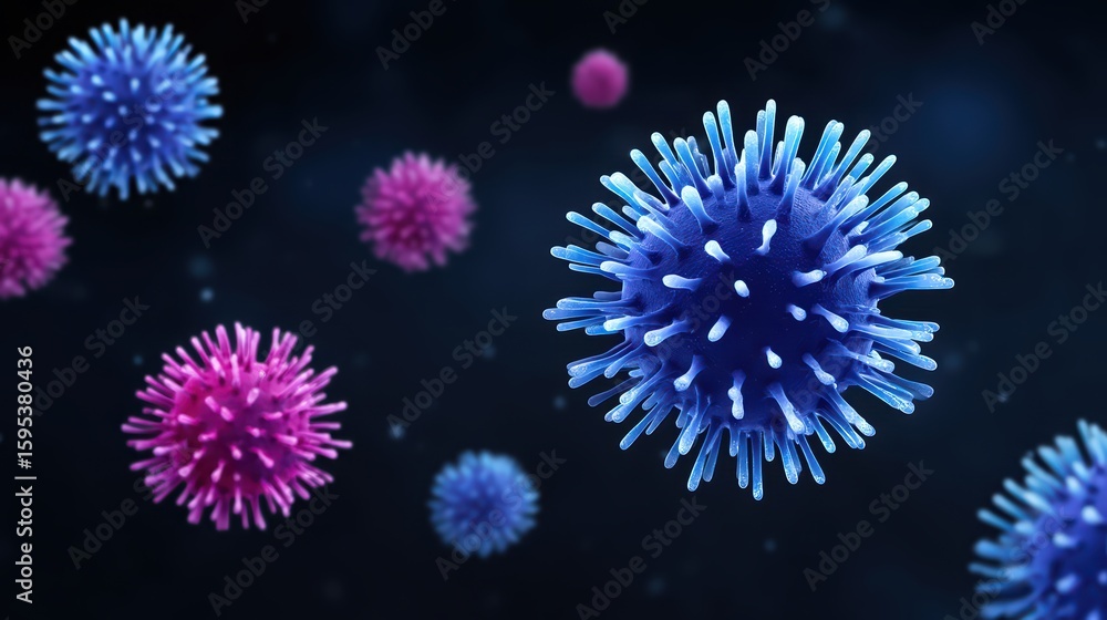 Poster virus structure concept, colorful 3d rendering of microscopic virus particles floating in fluid, for