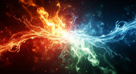 Creative Abstract Composition of Flames and Water Flow with Vivid Lighting and Motion
