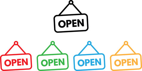 colorful hanging open icon set in different colors . Open tag icon . Vector illustration