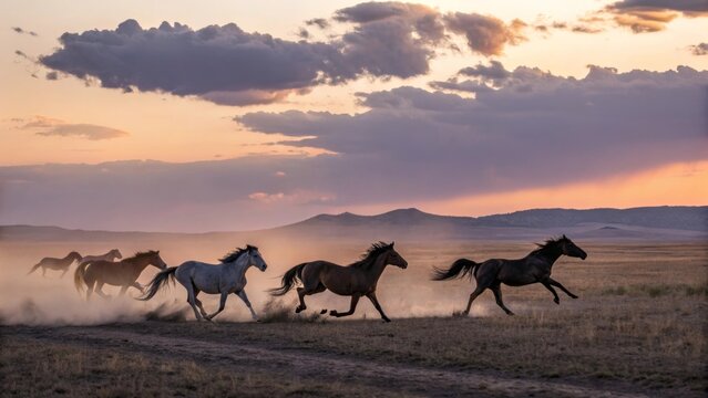 Wild Horses Running at Sunset: A majestic herd of wild horses gallops freely across a vast, dusty plain at sunset, creating a stunning panorama of freedom, beauty, and raw wilderness.