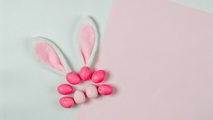 Pastel Pink Easter Eggs and Bunny Ears: Minimalist Spring Holiday Flatlay