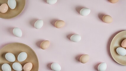 Pastel Pink Background with Brown and White Eggs in Ceramic Bowls: Minimalist Food Photography