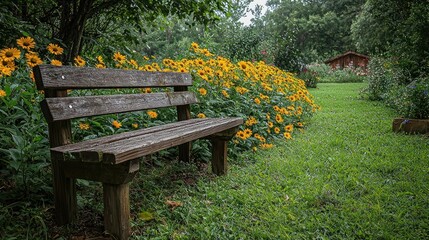 Naklejka premium Serene Garden Bench: A Peaceful Retreat Amidst Blooming Sunflowers