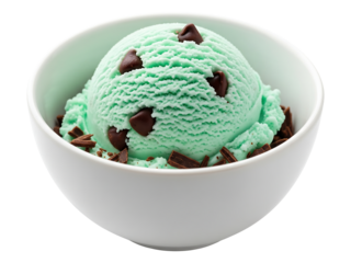 Mint chocolate chip ice cream scoop in white bowl refreshing dessert treat image on transparent background