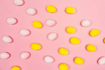 Pastel Pink and Yellow Easter Eggs Flat Lay: Minimalist Spring Festive Background