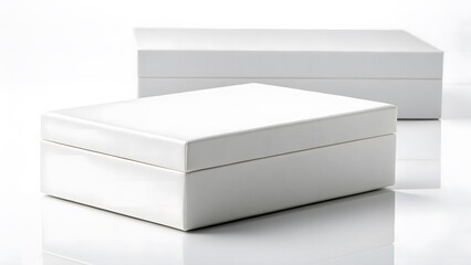 Naklejka premium White box Mockup, Two clean white rectangular boxes with lids closed presented on a reflective white surface