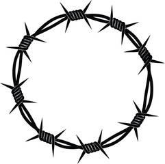A black and white vector illustration of a circular barbed wire frame isolated on white