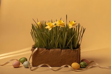 Elegant Easter Still Life: Yellow Daffodils in Rustic Pot with Pastel Eggs and Ribbon on Beige Background