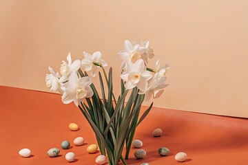 Elegant White Daffodils with Pastel Easter Eggs on Burnt Orange and Beige Background